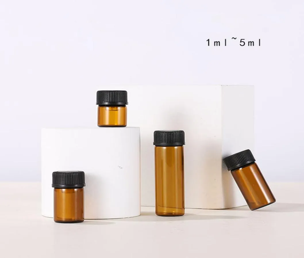 Whole 1000pcs Lot 1ml 2ml 3ml 5ml Essential Oil Amber Glass Sample Bottle Vial With Black Screw Cap And Plug For E LIQUID5866064