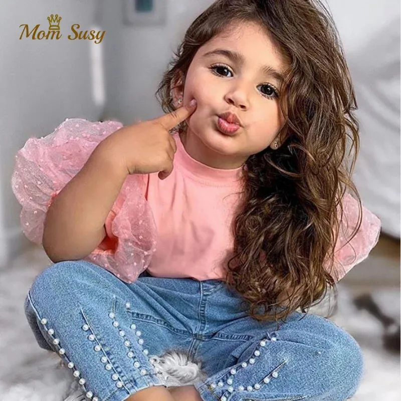 Mode Été Bébé Fille Coton T-Shirt Manches Bouffantes Enfant Fille Pincess Chemise En Dentelle À Manches Courtes Col Rond Tee Top Blouse Solide 240313