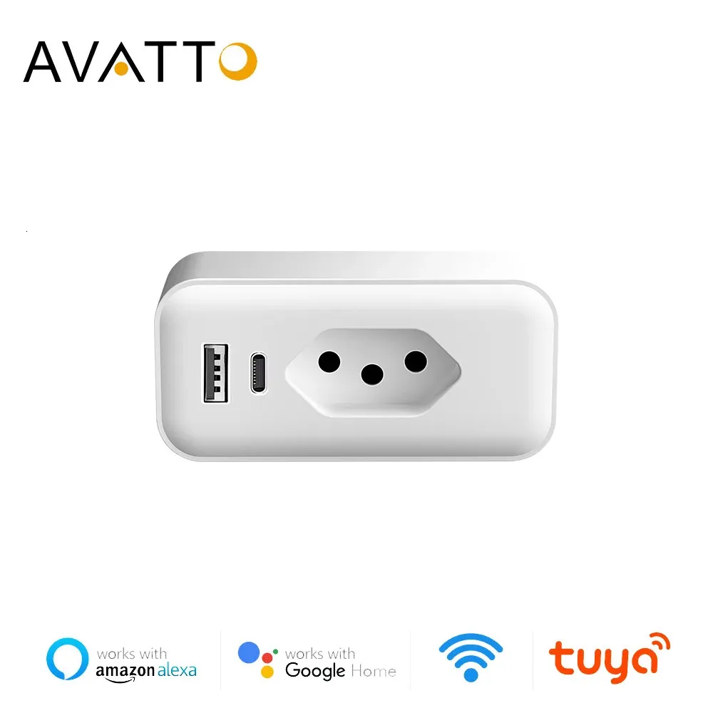 Avatto Tuya WIFI inteligentna wtyczka z USB Type C Szybkie ładowanie Brazylia Brazylijska Monitor Monitora Praca dla domu Alexa 240228