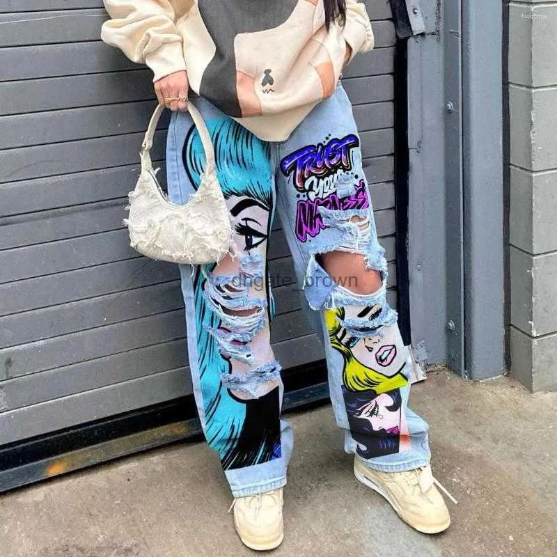 Damesjeans 2023 Street Fashion INS Network Rode Amerikaanse geïndividualiseerde meisjes grafische print geperforeerde bedelaardenimbroek