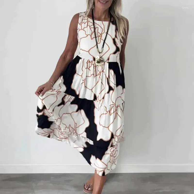 Casual Dresses 2024 Fashion Mönster Print Loose Party Dress Summer Elegant O-Neck ärmlös Lång klänning.