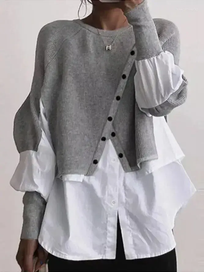 Camicette da donna 2024 Primavera Patchwork Maglione Camicia lavorata a maglia O-Collo Manica Lanterna Moda invernale femminile Abbigliamento caldo da donna