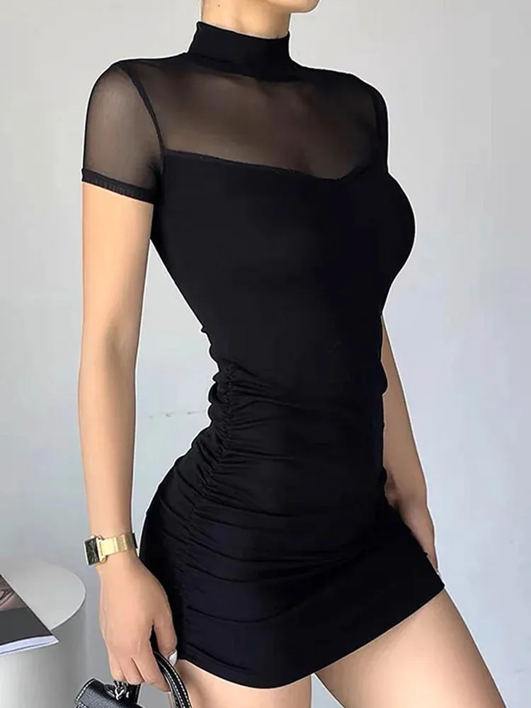 Goth Dark Mock Neck Y2K BodyCon Mini Dresses Gothic Women Mesh Patchwork Sheer Party Dress 240311