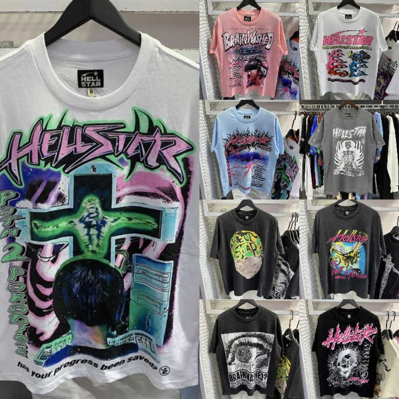 Hellstar Shirt Designer Mens Tshirt Rapper Lavato pesante artigianato maniche corte Top Street High Street Hell Hell Womans T American Lettering Foil Stampa geometrica