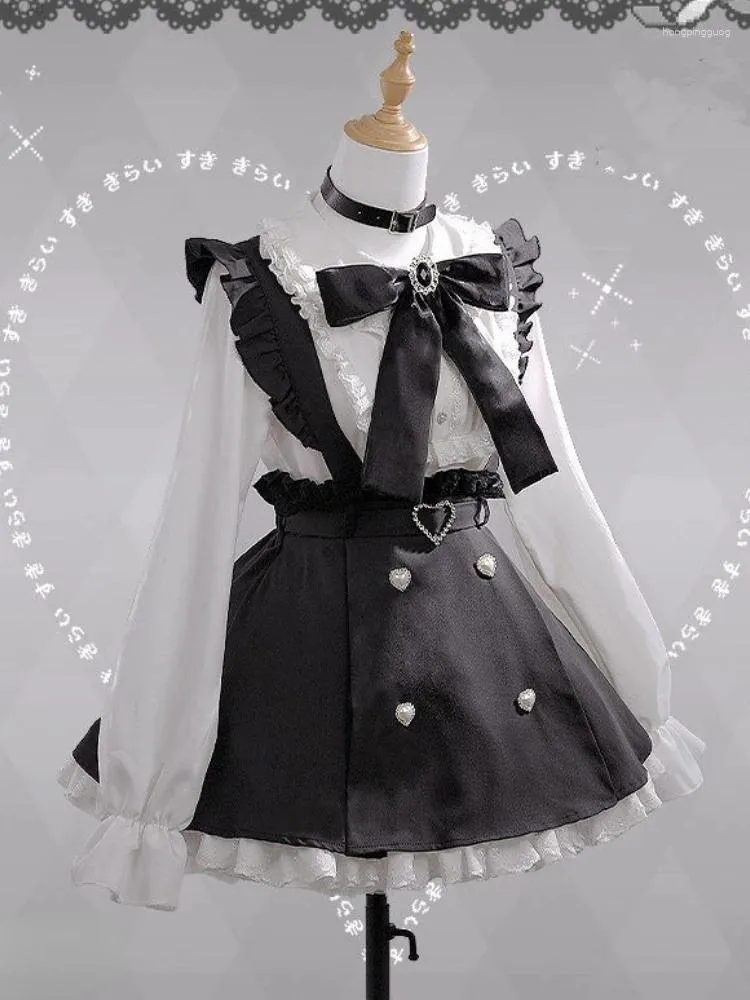 Arbeitskleider Japanische Lolita Kawaii Zweiteiliges Set Frauen Korea Süße Hosenträgerrock Anzug Weiblich 2024 Y2k Spitze Weiße Bluse Schwarz Mini