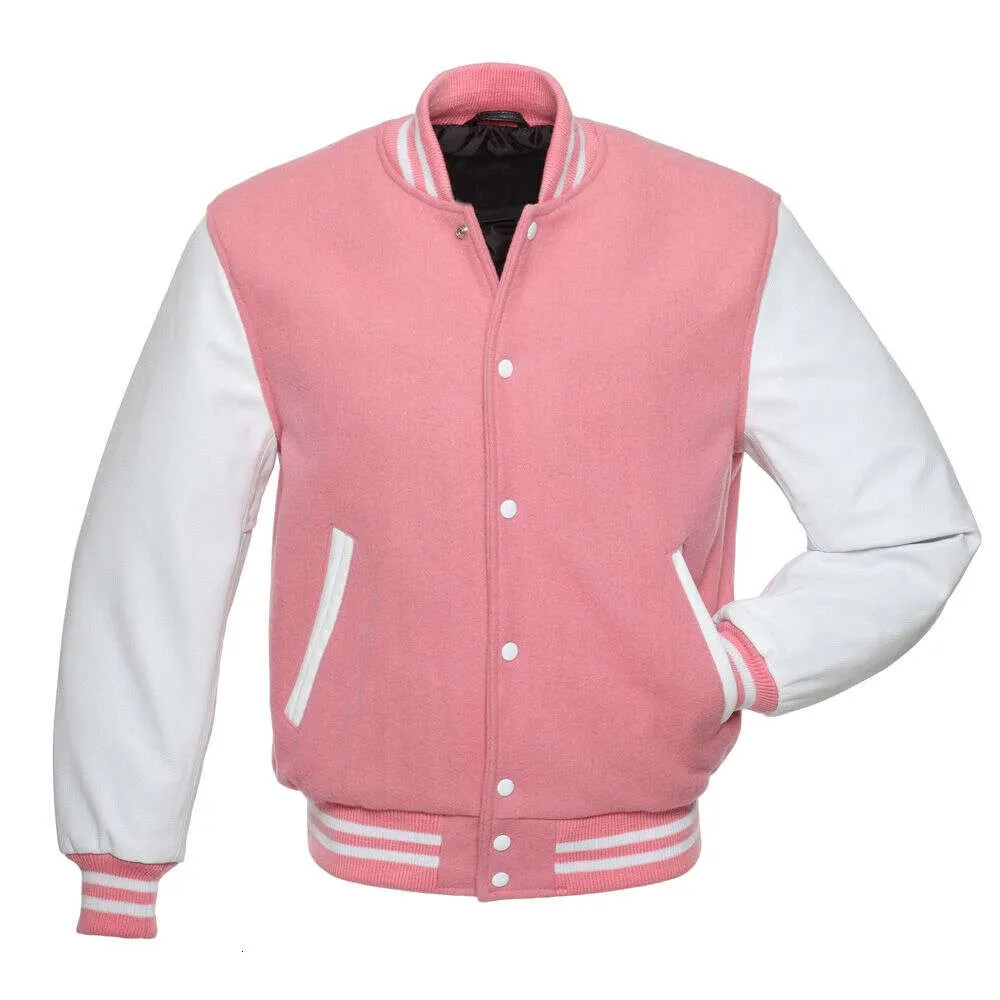 ホワイトレザースリーブの高品質レディースウールボディレターマン野球ピンクのバーシティジャケット33