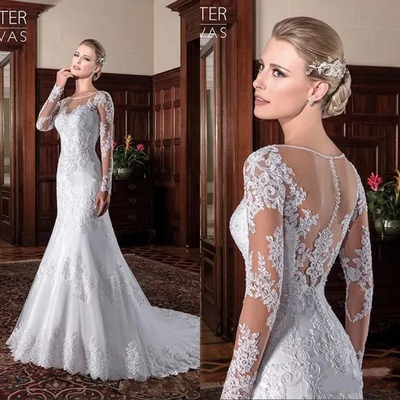 Sheer Neck Meerjungfrau Spitzen Applikationen Langarmes Hochzeitskleid Court Zug Illusion Brautkleider Vestidos de Noiva