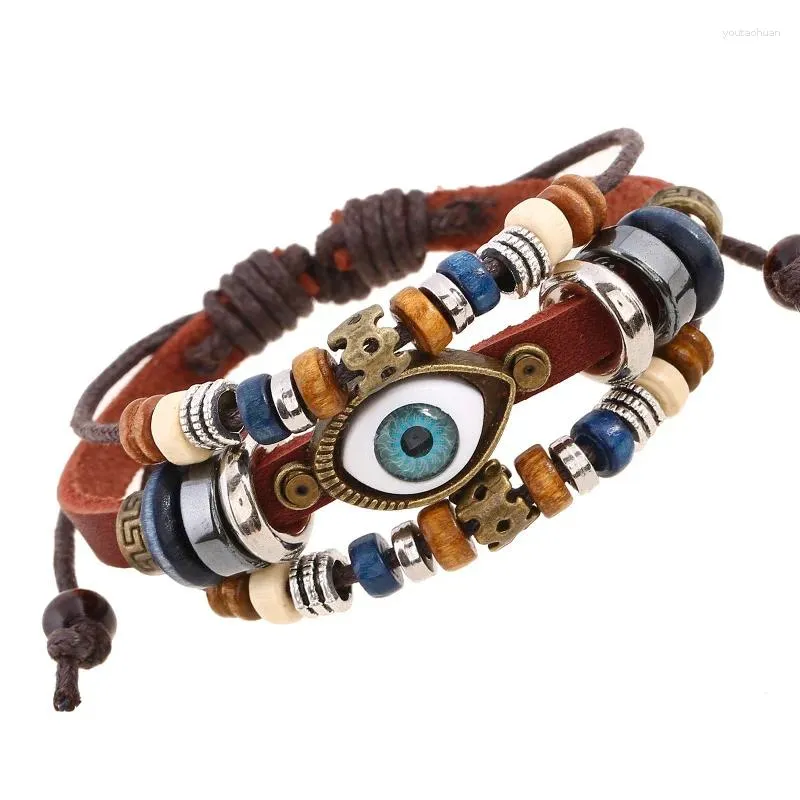 Strand Kirykle Boho Gypsy Hippie Design Bracelet en cuir pour les yeux en corde multicouche tissé perlé unisexe bijoux réglables