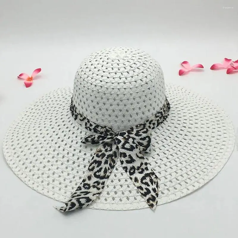 Baskar Floppy Cap UV Protection Beach Hat Leopard Bow Decor Sweet