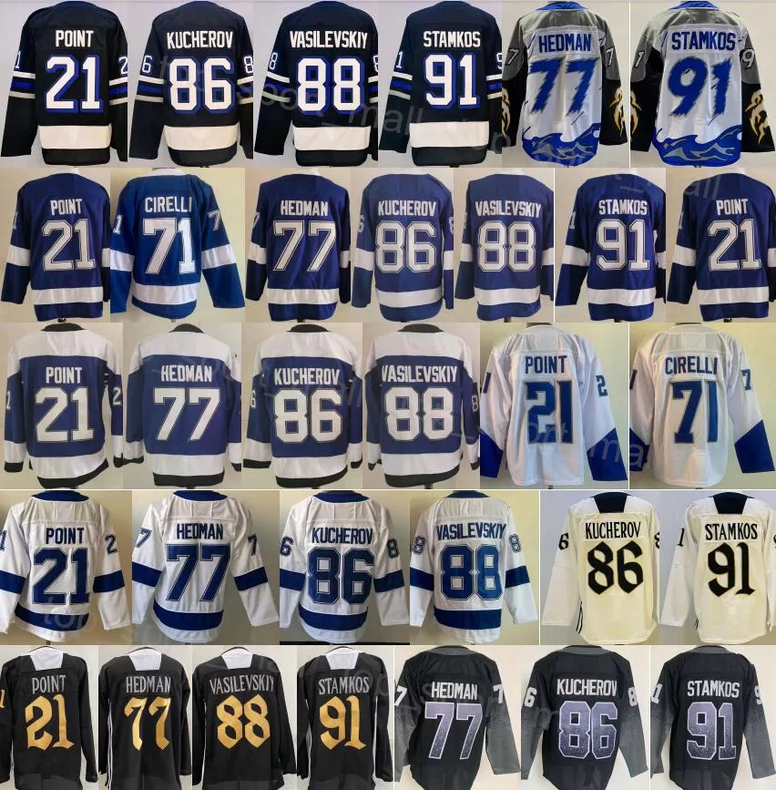 Men 2024 대체 하키 91 Steven Stamkos Jerseys 21 Brayden Point 77 Victor Hedman 86 Nikita Kucherov 88 Andrei Vasilevskiy 리버스 레트로 유니폼 블루 화이트