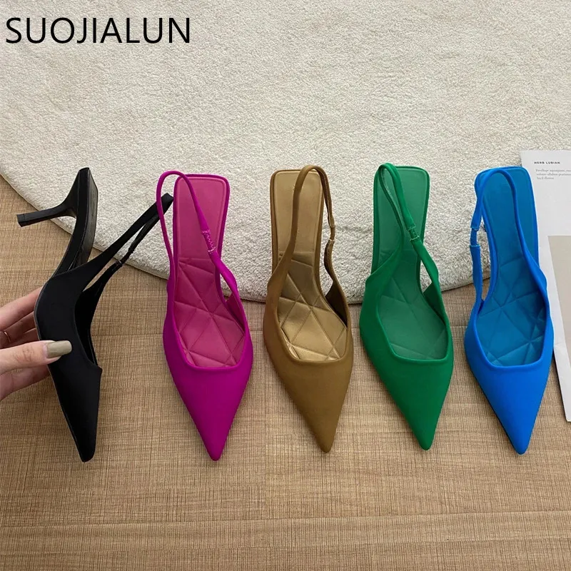 Letnia marka Suojiallun Specjana palca buty Slingback Thin High Obcowanie płytkie poślizg na damach eleganckie sandały plus size 41 240307