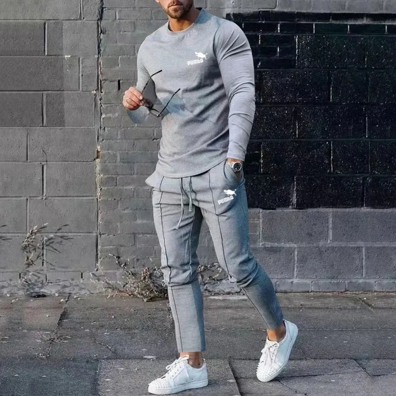 MENS Spring Autumn Round Neck Långärmad tshirtbyxor för män Kläder Casual Fashion Sports 2 Piece Set Tracksuits 240312