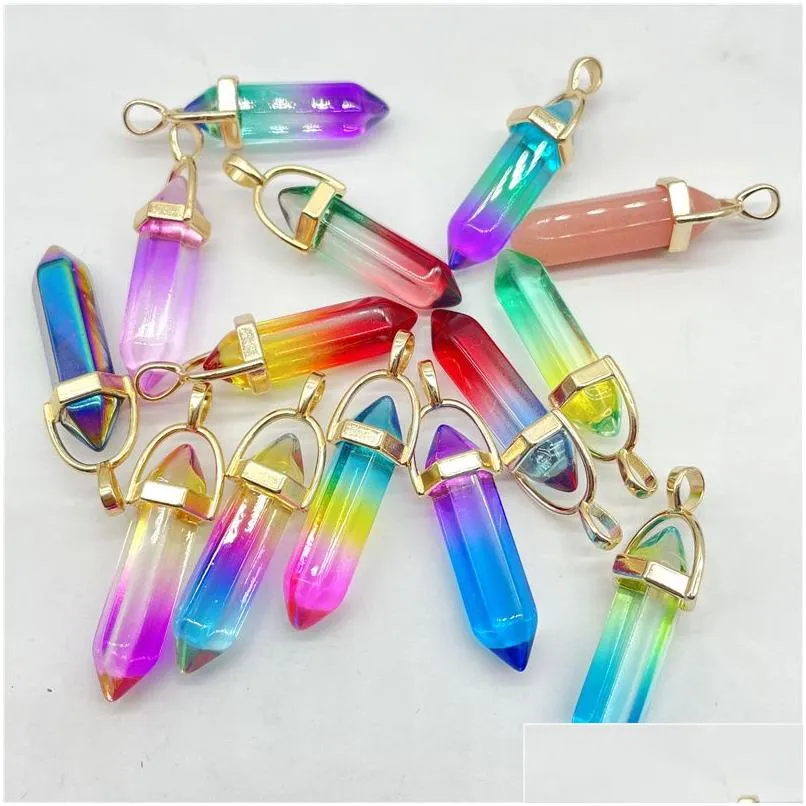 Encantos Oro Arco iris Color Vidrio Prisma hexagonal Pendum Colgante DIY Joyería Fabricación Collares Accesorios Drop Entrega Hallazgos Comp Dhzcq