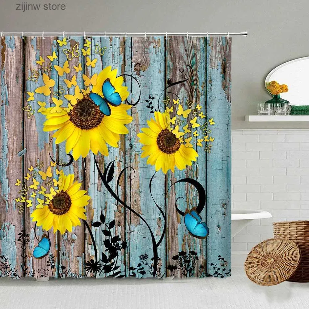 Shower Curtains Creative Sunflower Shower Curtain Blue Butterfly Yellow Flowers Plant Retro Farm Wooden Bath Curtains Fabric Bathroom Decor Sets Y240316