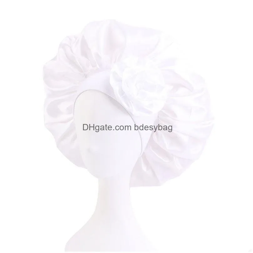 Bonnet / Skull Caps Grand Satin Large Bande Solide Couleur Chapeau De Nuit Avec Fleur Pour Femmes Fille Élastique Sommeil Caps Chapeaux Accueil Soins Des Cheveux Fa Dhf0O