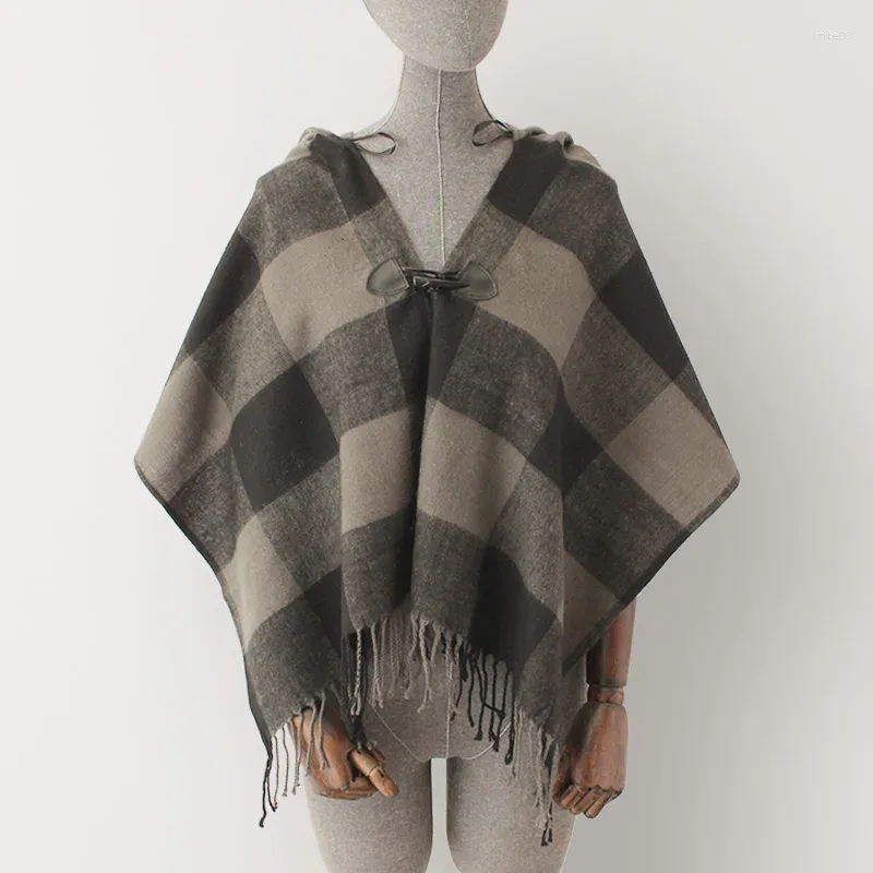 Sciarpe Poncho con cappuccio per donna Scialle a mantella scozzese grigio nero Sciarpa di pashmina in cashmere caldo invernale con cappello Avvolge moda femminile