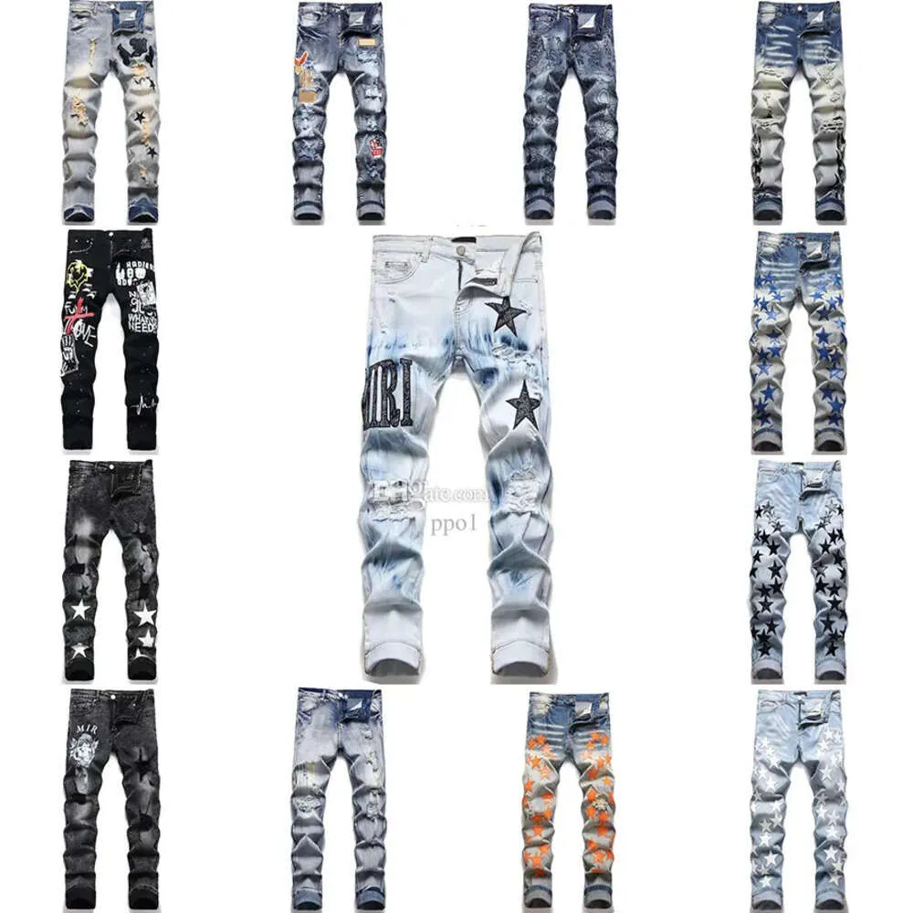 2024 Herren Jeans 15 Syles Designer Amirs High Street Lila für Herren Stickerei Hosen Damen Oversize Ripped Patch Hole Denim Straight Fashion Streetwear Slim gkdk5