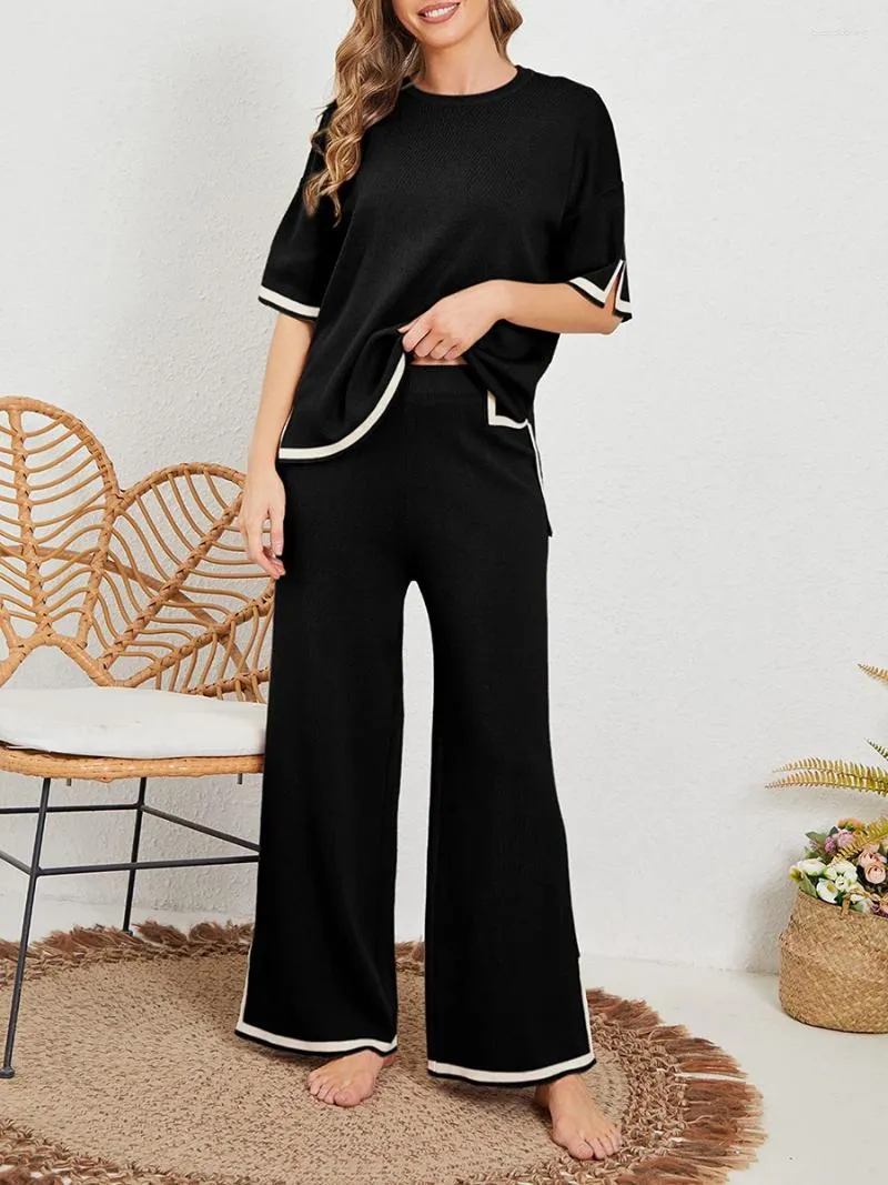 Damenhose, gemütliches Strick-Lounge-Set für Damen, kurzärmliger Pullover und weites Bein für eine lockere Passform, stilvolle Loungewear