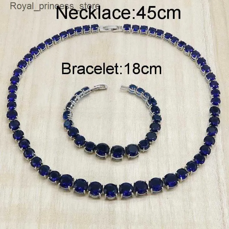 Zestawy biżuterii ślubnej Kolczyki Naszyjnik Klasyczny okrągły niebieski Kryształ Kryształowy srebrny zestaw biżuterii dla kobiet Bridal Birthday Gift Dubai Q240316