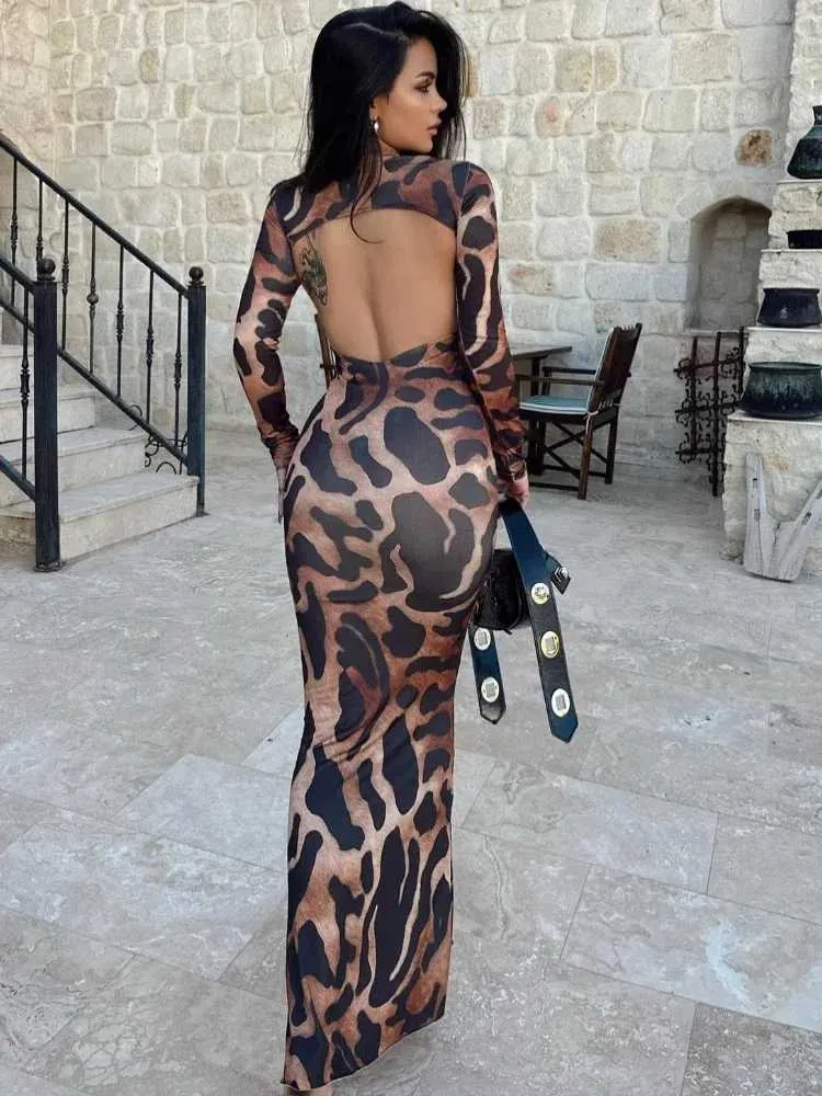 Podstawowe sukienki swobodne Xizou Leopard Printed Backless Seksowne sukienki maxi 2024 Nowa sukienka Summer Bodycon Long Sle Elegancka luksusowa impreza Ning Sukienka 24315
