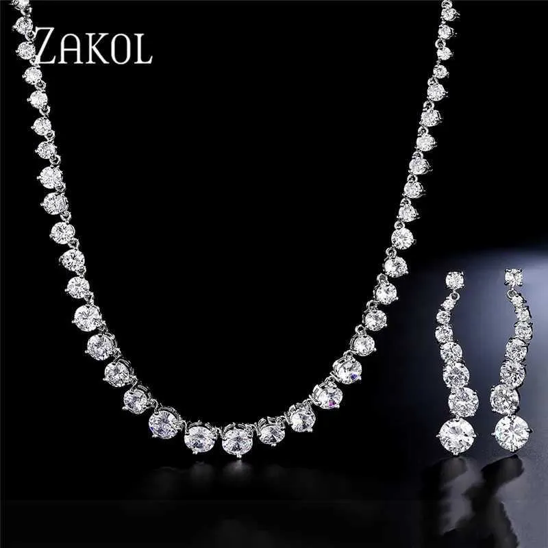 Wedding Jewelry Sets ZAKOL Fashion Glitter Transparent Round Cut Cubic Zircon Womens Jewelry Set Used for Bride Wedding Evening Dress Factory Prices Q240316