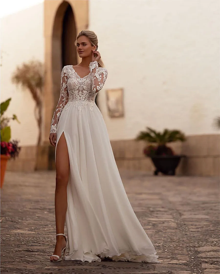 Vestido De Novia Manga Larga De Encaje Espalda Cuvierta Vestidos