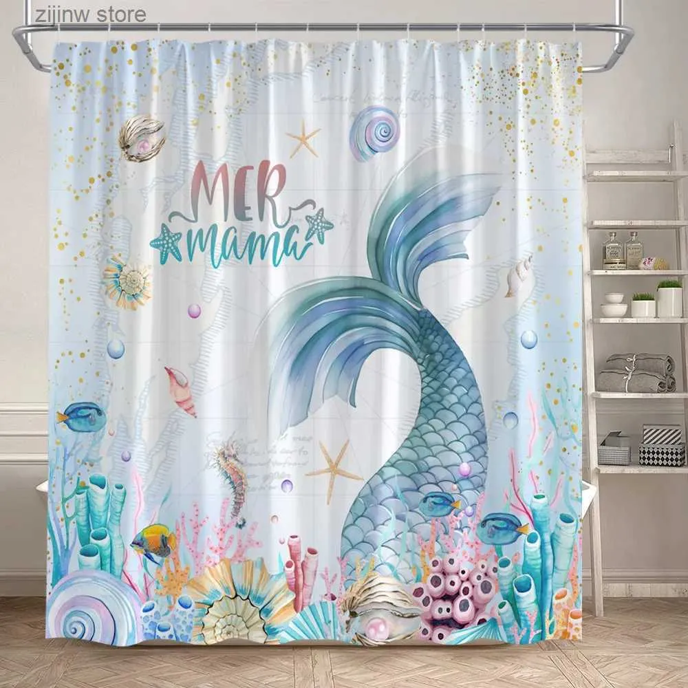 Cortinas de chuveiro dos desenhos animados sereia cortina de chuveiro aquarela peixe tropical cavalo marinho estrela do mar pérola shell náutico crianças cortina de banheiro decoração de casa y240316