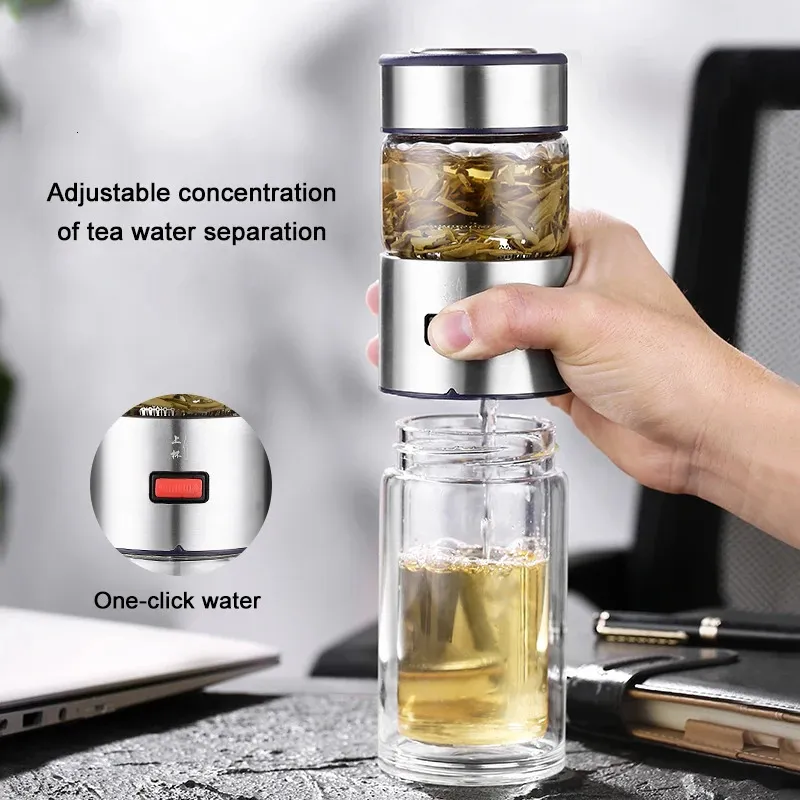 400ml Glass Water Bottle With Loose Leaf Tea Strainer Infuser Double Wall Free to Disassemble Car Thermos Cup 240314