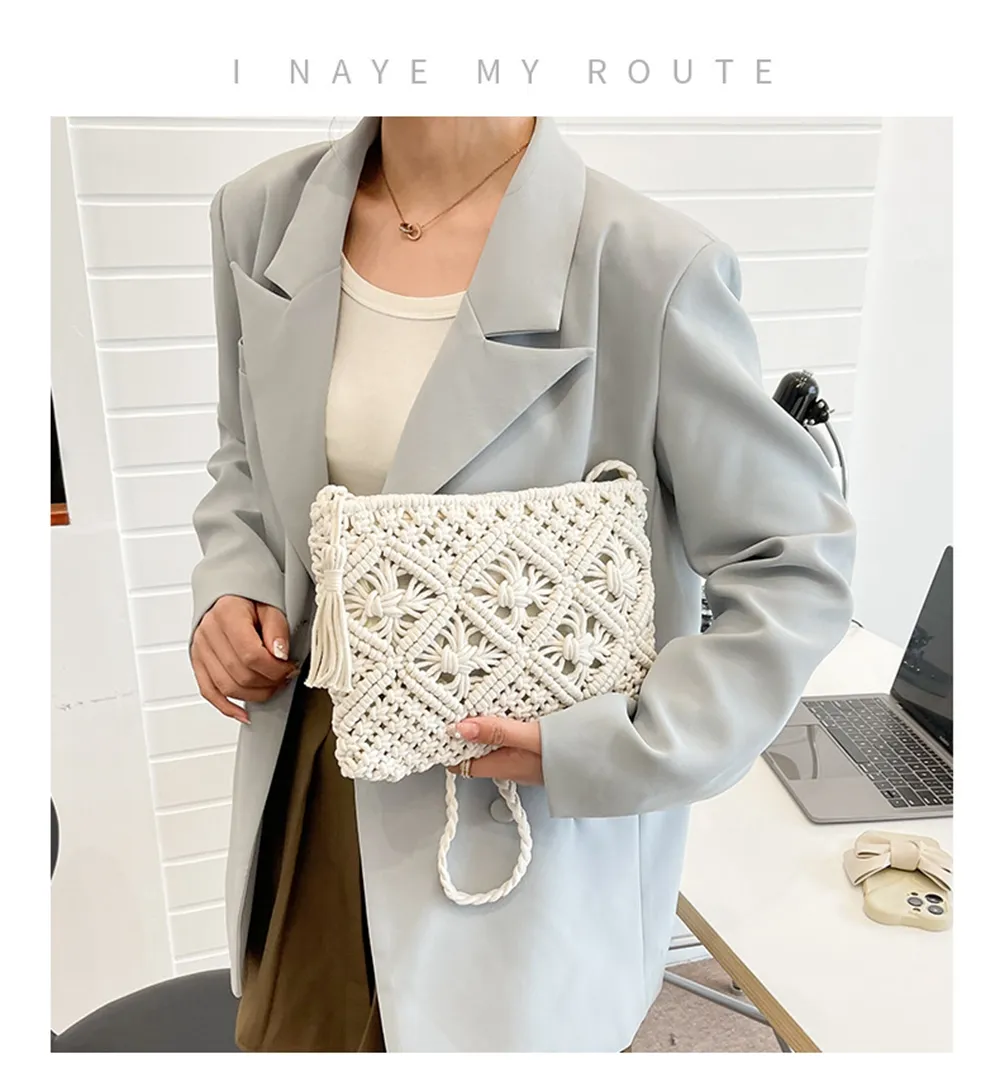 2024 Nieuwe Kwastje Hand Crossbody Tas Katoenen Touw Katoen Lijn Crossbody Terug Enkele Schouder Hand Handheld Strawwoven Tas Geweven Dames