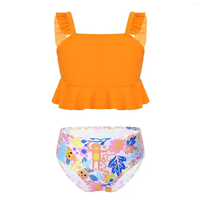 Women's Swimwear Kids Girls Swimsuit Fashion Sleeve Ruffle Crop Top Summer Bikini Set Children Cartoon Bathing Suit Beach Wear