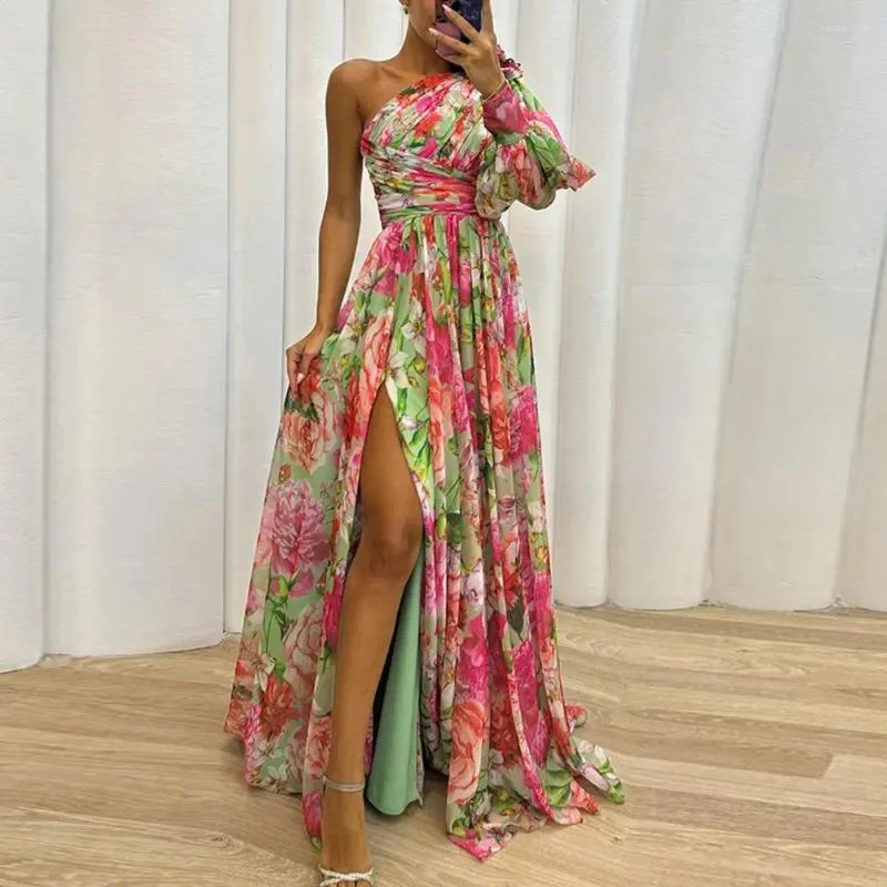 Casual Dresses Evening Dress Elegant One Shoulder Floral Print Maxi med Side Split Hem Pleated Detail för fester Banquets Special