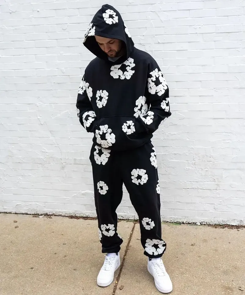 Kapok Foam Hoodie & Cotton Pants Set: Harajuku Casual Mens