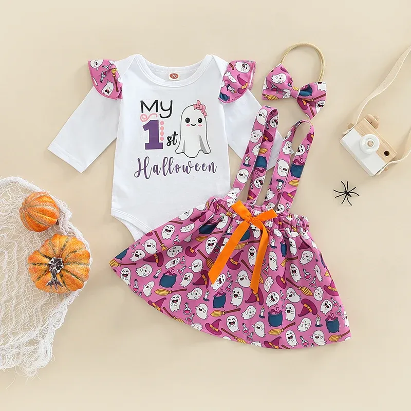 Robes ma bébé 018M 1er Halloween bébé fille vêtements ensemble mignon lettre fantôme imprimé barboteuse jupes bandeau tenues Costumes D01