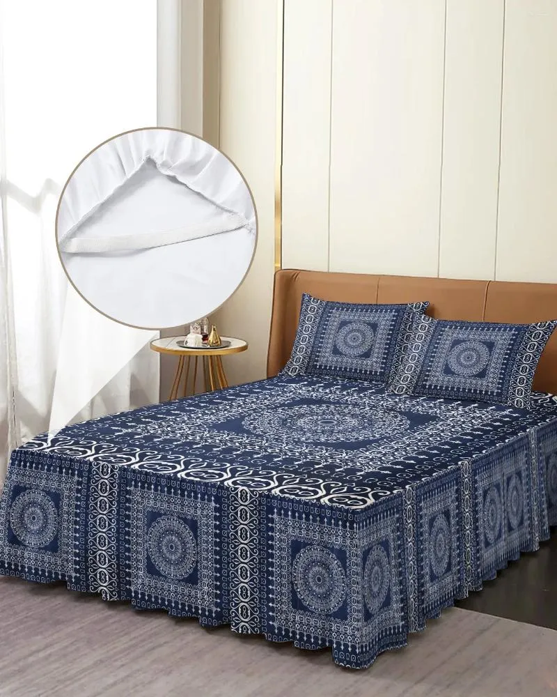 Jupe de lit géométrique Mandala bohème rétro, couvre-lit élastique avec taies d'oreiller, housse de matelas, ensemble de literie, drap