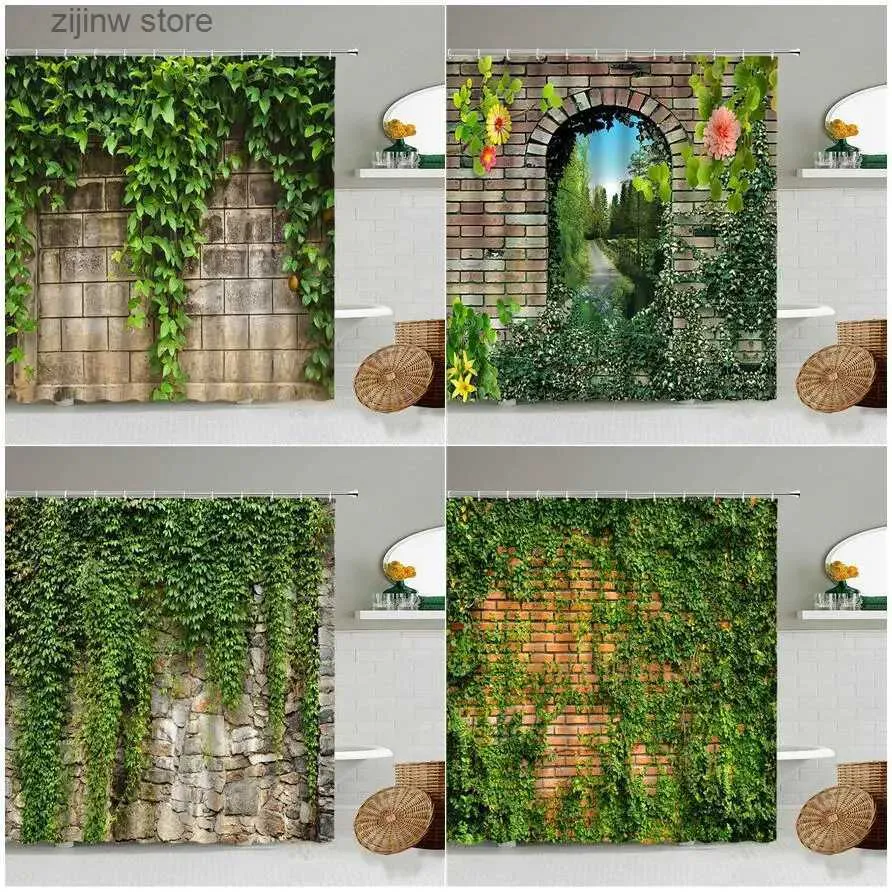 Rideaux de douche Vigne verte Vintage pierre brique mur rideaux de douche ensemble plantes naturelles feuilles fleurs tissu polyester salle de bain décor avec crochets Y240316