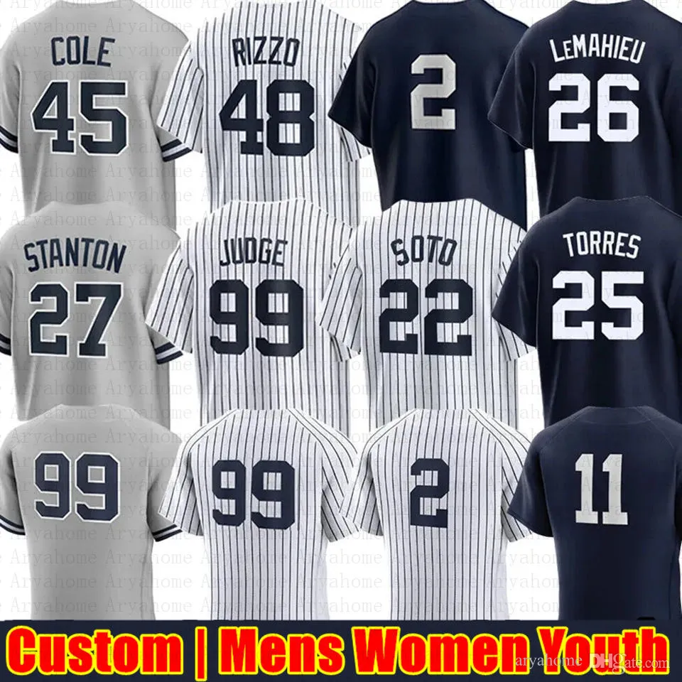 Custom 99 Aaron Judge 22 Maglia da baseball Juan Soto Anthony Volpe Rizzo Giancarlo Stanton Gleyber Torres Gerrit Cole Nestor Cortes Derek Jeter DJ LeMahieu Clay Holmes