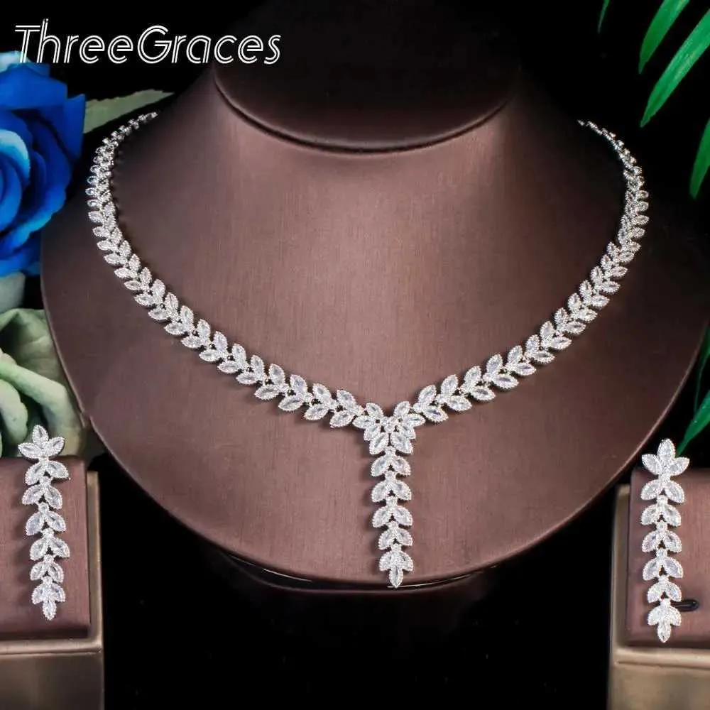 Bröllopsmycken sätter eleganta tre-lagers kubiska zirkoniumsilverbladformade örhängen och halsband brudtillbehör TZ571 bröllop smycken set Q240316