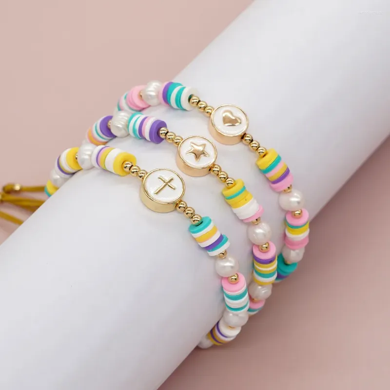 Strand Vlen Cross Heart Start Shape Colorful Polymer Clay Bracelet For Women Freshwater Peals Bracelets Gold Plated 18 K Jewelry