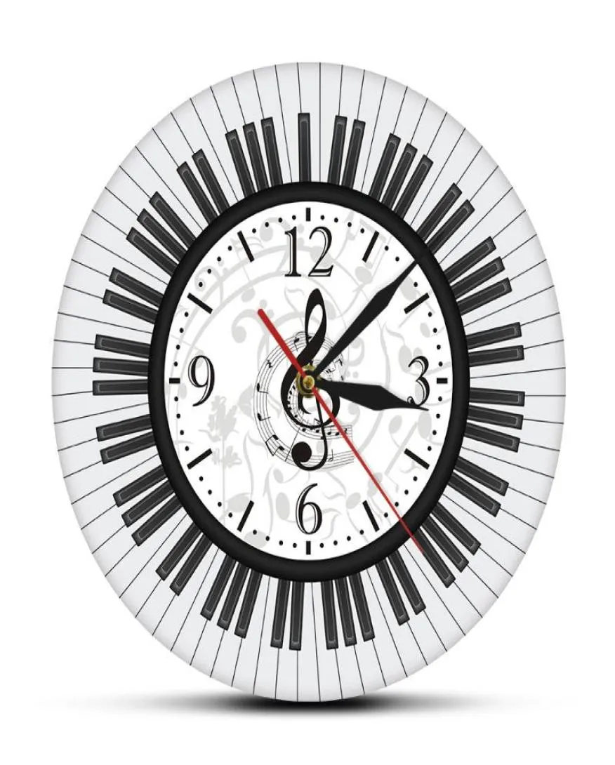 Note musicali Orologio da parete in bianco e nero Music Studio Decor Pianista Regalo Tastiera di pianoforte Chiave di violino Arte Orologio moderno Orologi7385556