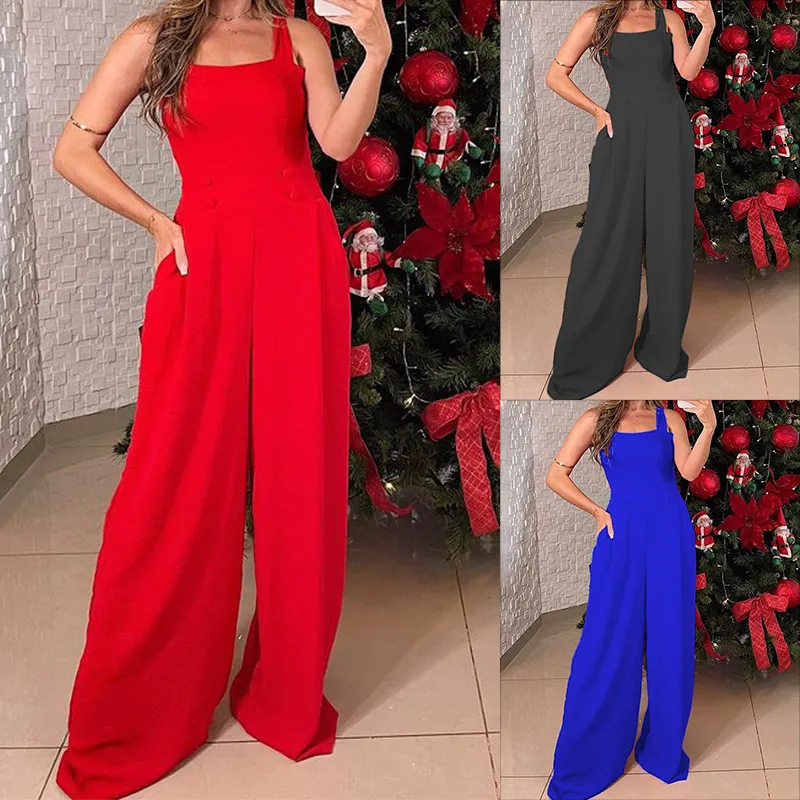 Chic and Sophisticated Women's Fashionable Solid Color Wide Leg Jumpsuit with Spaghetti Straps Medium Thickness Worsted Fabric