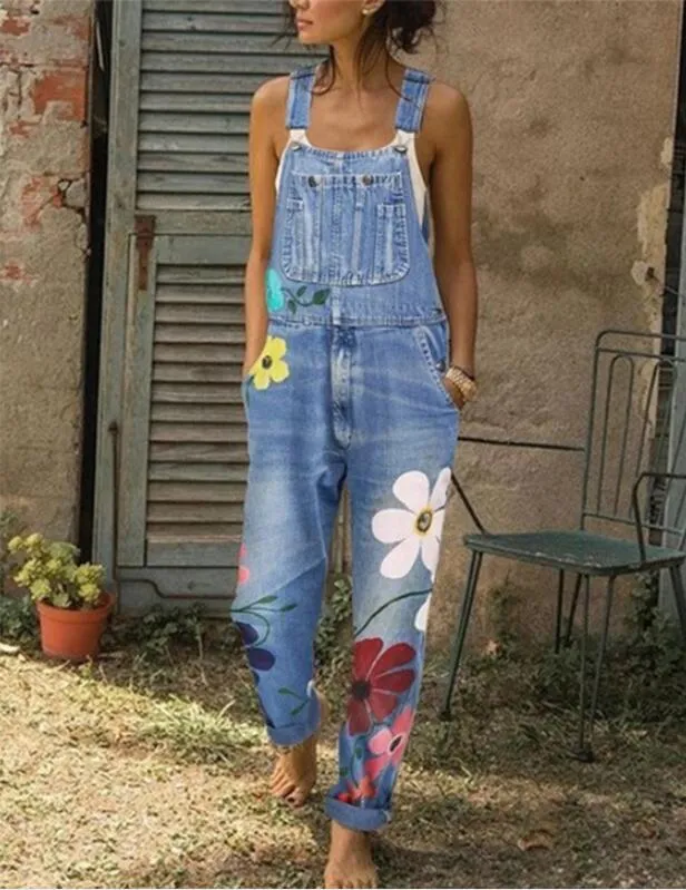 Printed shoulder strap pants, oversized Amazon popular floral suspender jeans