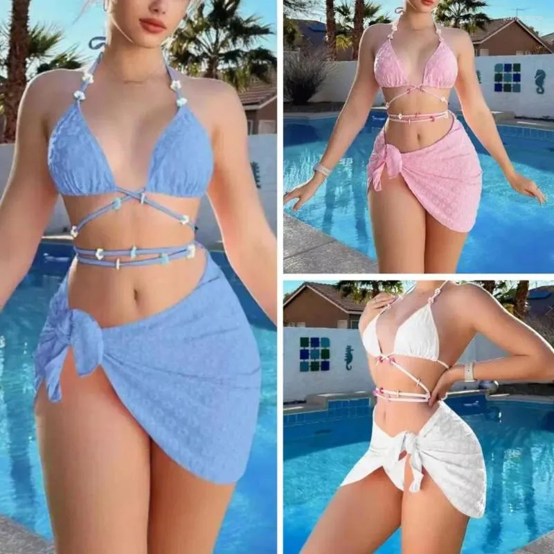 Frauen Badebekleidung 3pcs/Set sexy Frauen Bikini Set Jacquard Solid Color Halter BH Schnürung Tanga-Cover-Up Rock Criss Cross Weibchen Bad