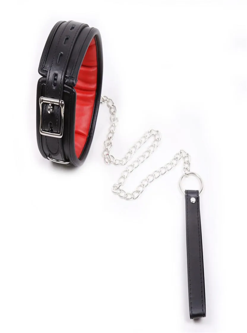 Collier de cou de bondage rembourré en cuir PU noir rouge avec chaîne laisse ras du cou collier de retenue adultes jouets sexuels pour couple q3928667