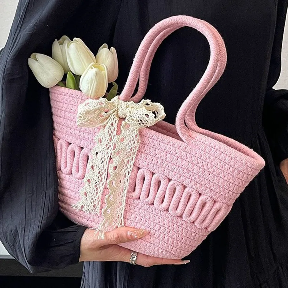 French Style Elegant Bow Straw Bag Women's Summer Sweet Girl's Casual Woven Bucket Bag Shoulder Tote