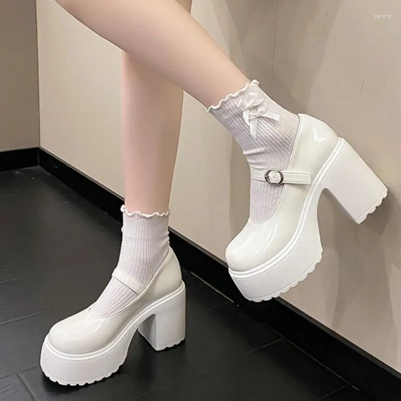 Scarpe eleganti Tacchi alti Donna 2024 Décolleté con plateau Décolleté in pelle Fibbia alla caviglia Mary Jane Lady Tacco spesso Goth Lolita Nero Bianco