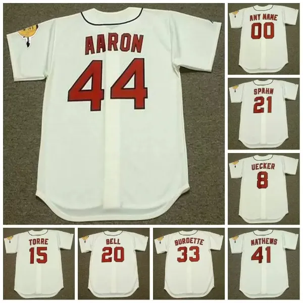 Jersey de baseball vintage 21 Warren Spahn 8 Bob Uecker 15 Joe Torre 1960 20 Gus Bell 33 Lew Burdette 41 Eddie Mathews 44 Hank Aaron Men Women Youth Youth