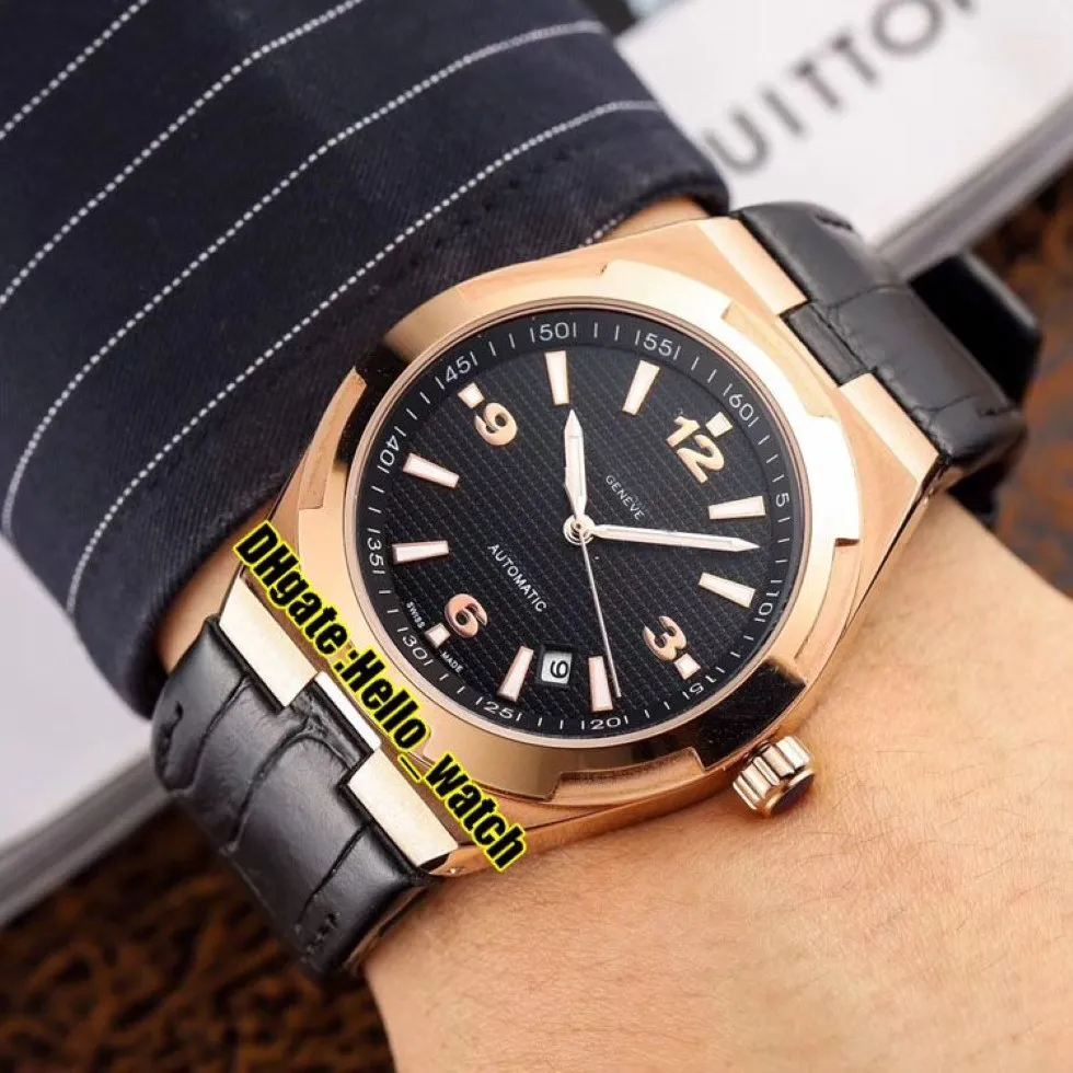 Barato novo no exterior 47040 000R-9666 relógio automático masculino data mostrador preto rosa caixa de ouro pulseira de couro masculino relógios esportivos Olá wat258n
