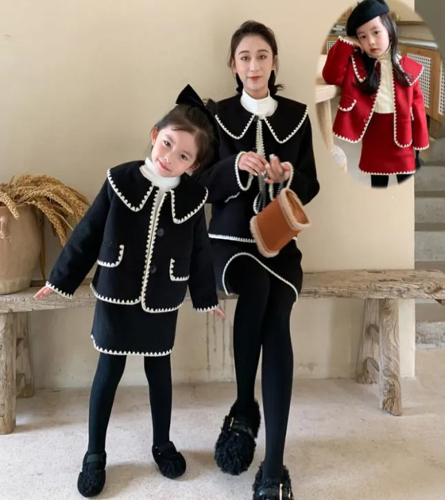 ファッションマザーと娘ウールの衣装の女の子ラペル長袖Outwearskirt 2pcsセットMommy and Me Thicken Matching Clothing3331262