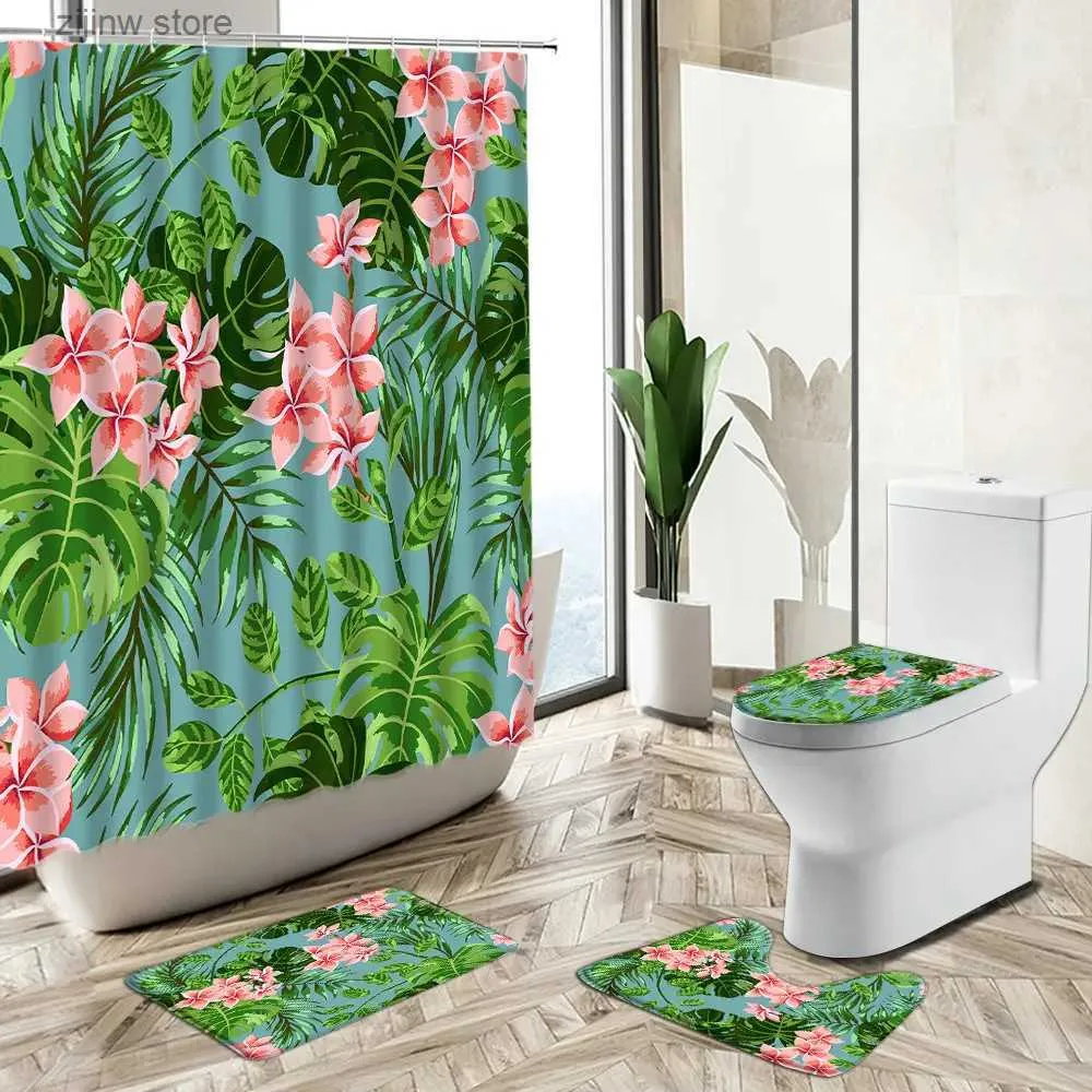 Tende da doccia Pianta tropicale Fiore Tenda da doccia Pittura colorata Set da bagno Estate Stile europeo Tappeto antiscivolo Copriwater Tappetino Y240316