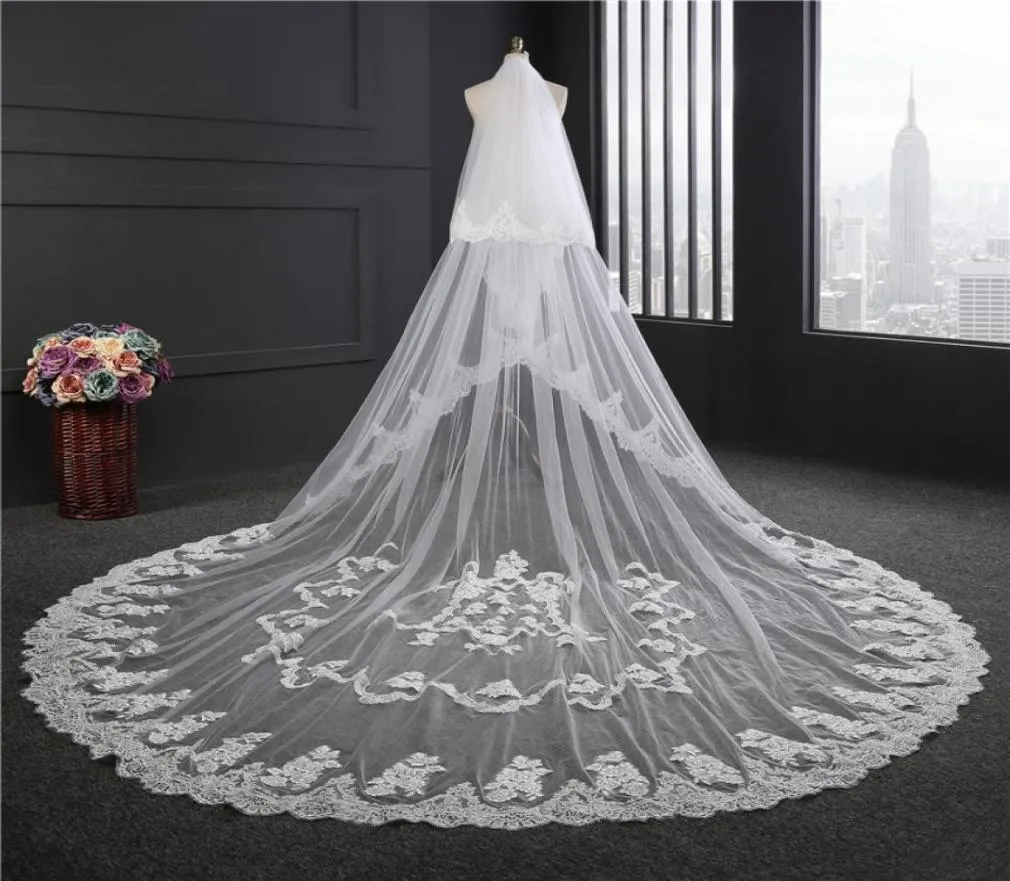 2018 New High Quality Long Ivory Wedding Veil Aptliquesレースビーズブライダルベールウェディングドレスのためのブライドベルズウェディングアクセサリー5231318